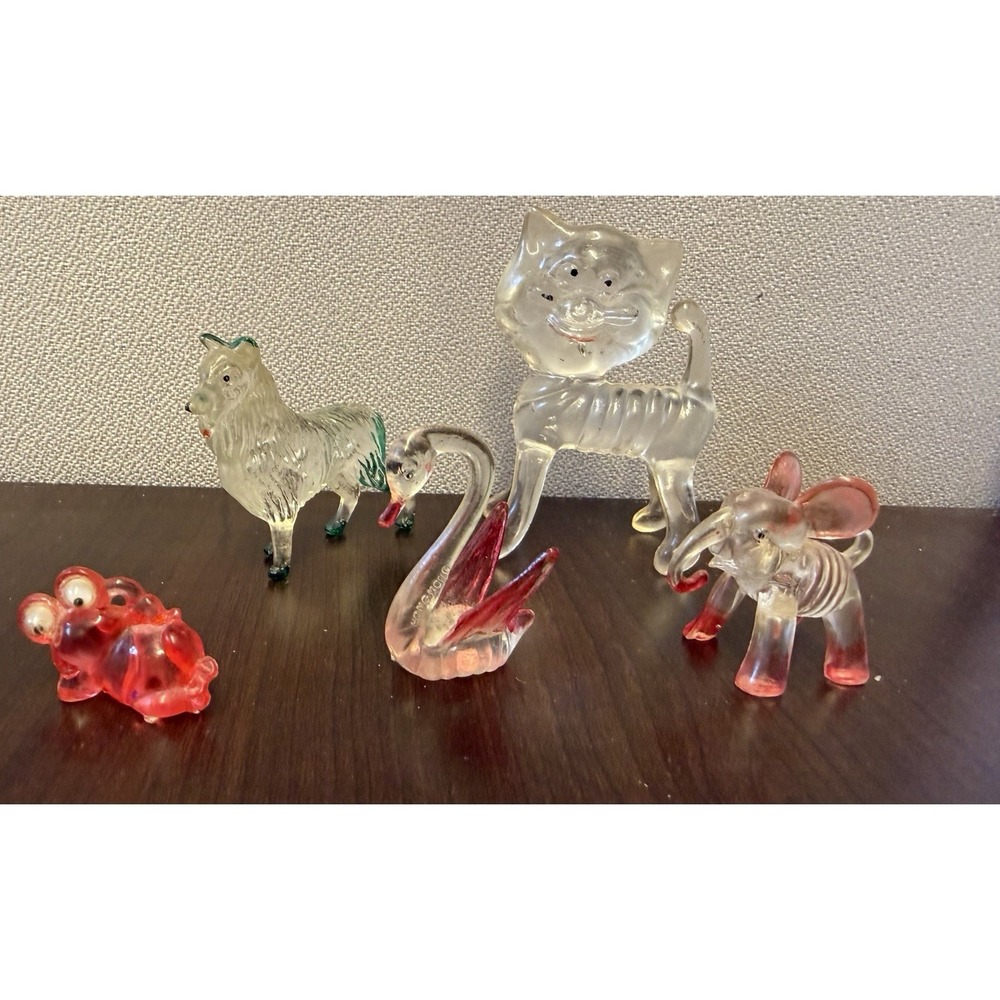 Vintage Clear Lucite Animal Figures Hard Plastic Cat‎ Dog Elephant Frog Swan